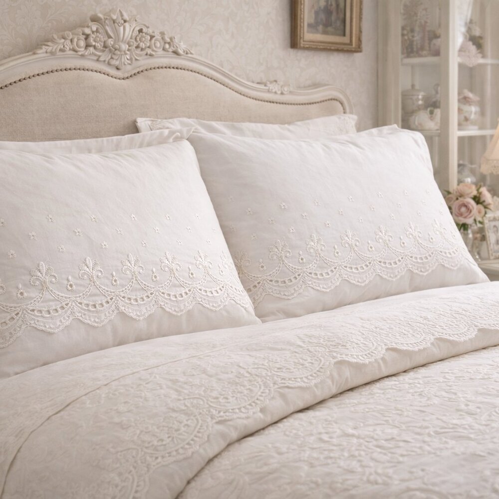 King Pillowcases Pair White Broderie Anglaise No-Iron Percale USA